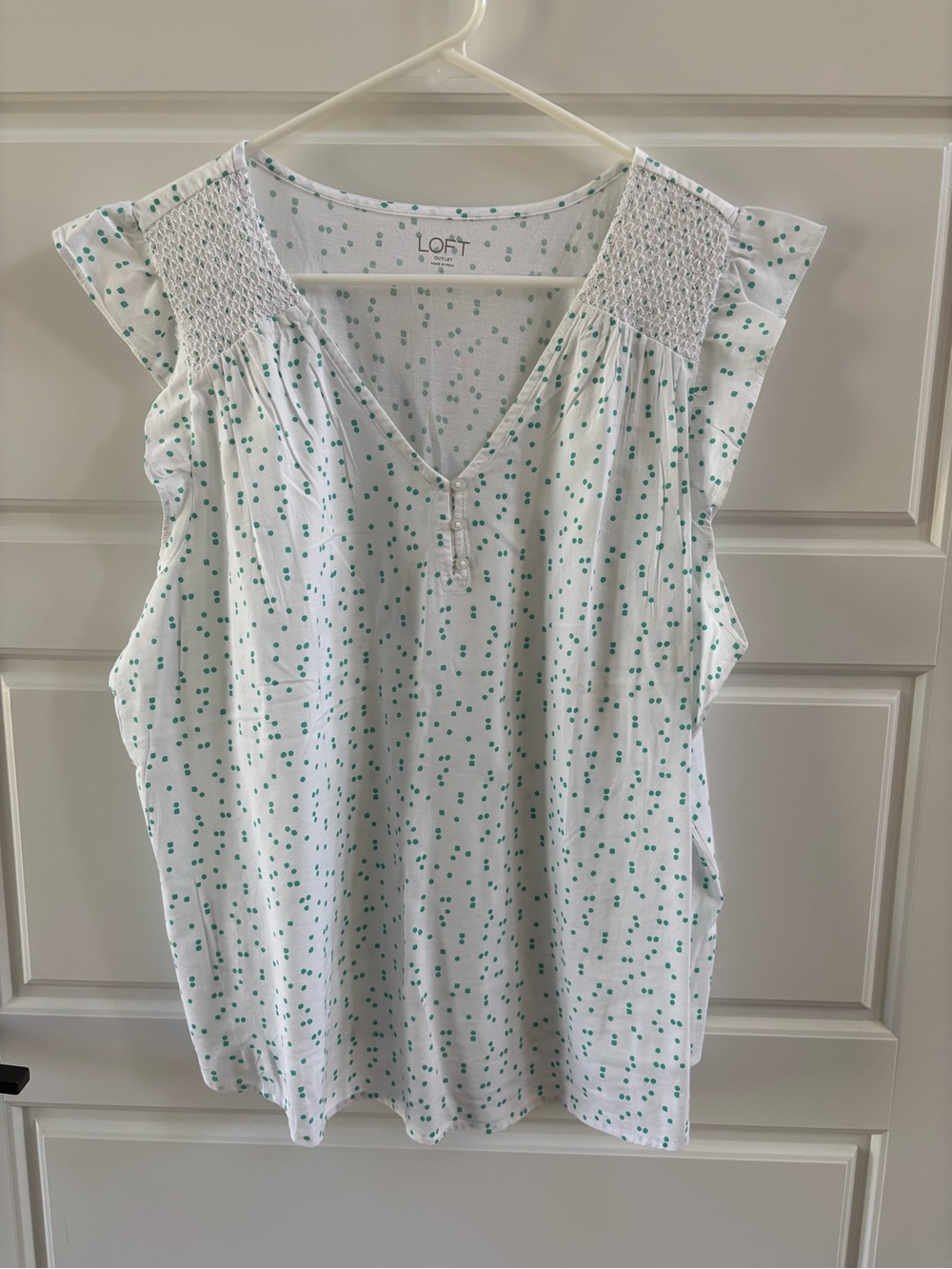 LOFT White Tank Top with Green Dot Print and Smocked Shoulders